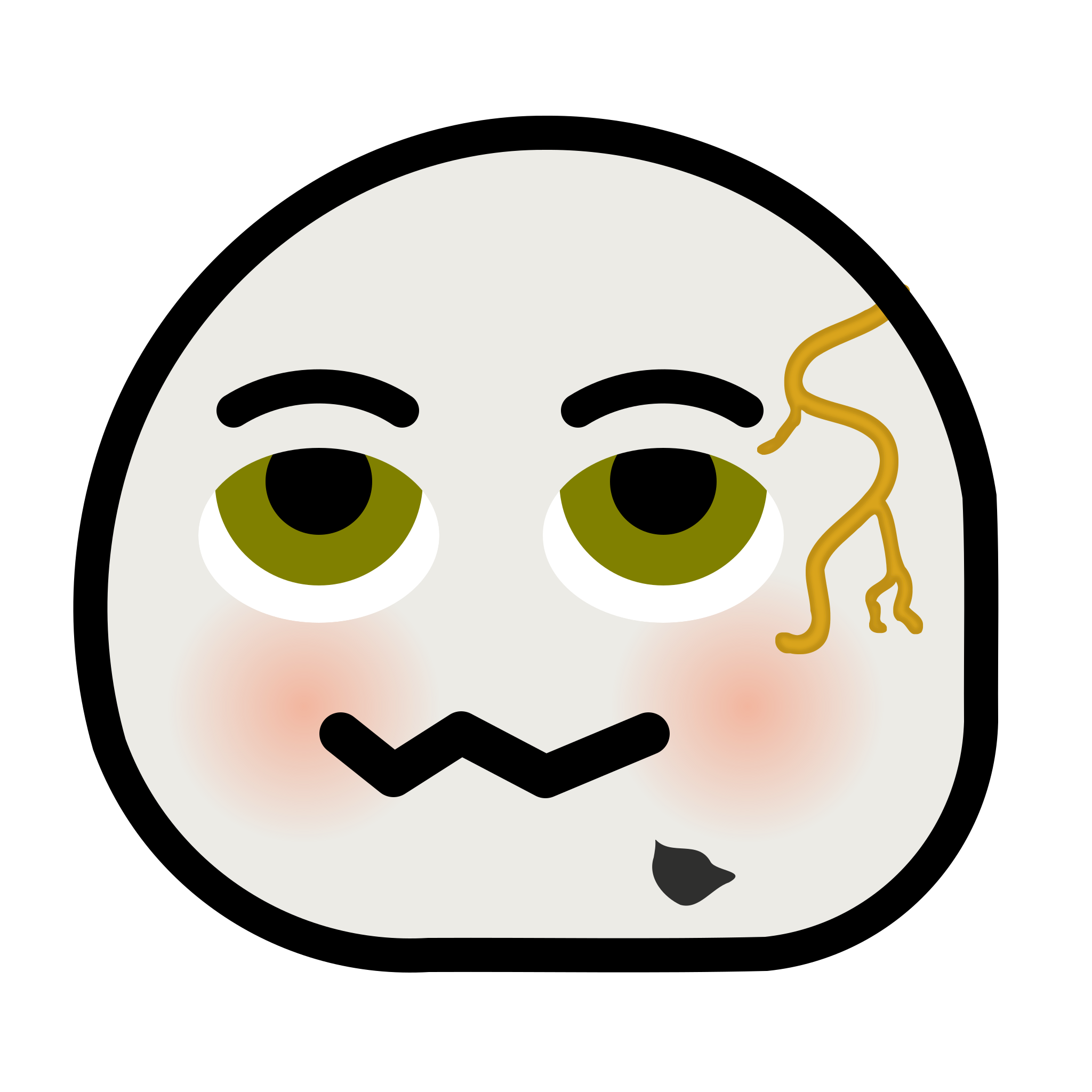 A neomoji in the style of a porcelain doll. It has green eyes with white sclera and black pupils; eyebrows; a mouth that is half as high as most neomoji; and blushing cheeks. There is a crack on the left side of its face with yellowish brown enamel. There is also a chip near the bottom left.